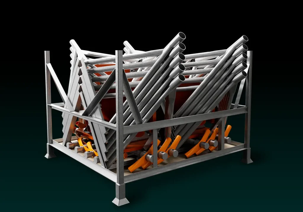 View of a boat stand speed rack with 20 MBS-3 stand neatly stacked inside.